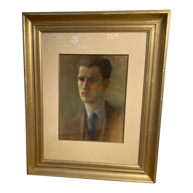 Vintage Original One of a Kind Portrait of a Man in Pastels on Paper in Silver Gilt Frame For Sale
