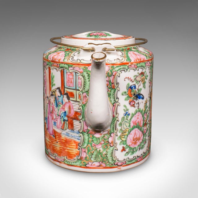 Chinese Antique Famille Rose Teapot, Oriental, Ceramic Chá Pot, Wicker Case, Circa 1920 For Sale - Image 3 of 12