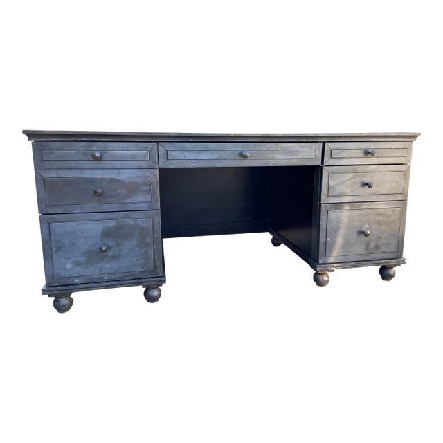 Restoration Hardware Annecy Metal Wrapped Zinc Tanker Desk With Patina For Sale