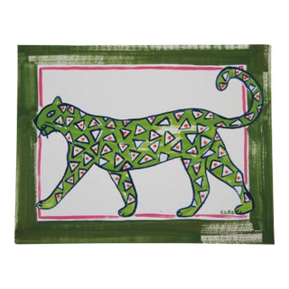 Expressionist Leopard Folk Art Green Border Original Painting by Cleo Plowden For Sale