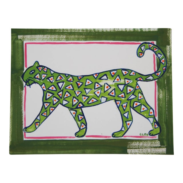 Expressionist Leopard With Green Border Original Painting by Cleo Plowden For Sale