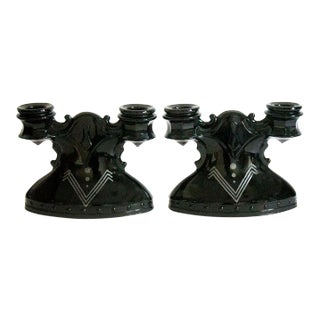 Art Deco Black Glass Candle Holders - a Pair For Sale