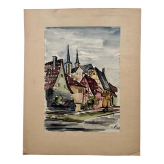 Henry Emil Salloch Original Watercolor on Paper European Village Street Scene, 1935. For Sale