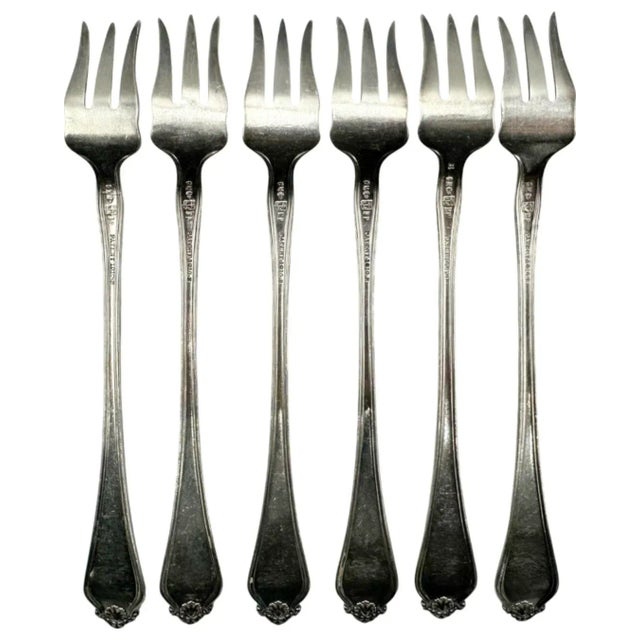 Art Deco Vintage Plaza Hotel Nyc Set 6 Silver Plate Cocktail Seafood Forks Gorham Ny For Sale - Image 3 of 12