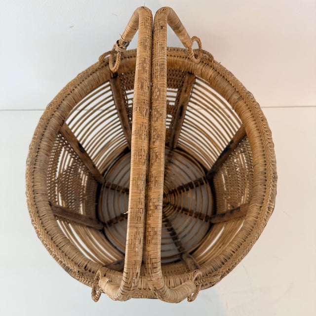 Rustic Vintage Handwoven Rattan Basket With Double Handles and Geometric Weave For Sale - Image 3 of 10