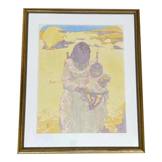 Fine Native American Mother With Child Watercolor by D. Collins C.1970s For Sale