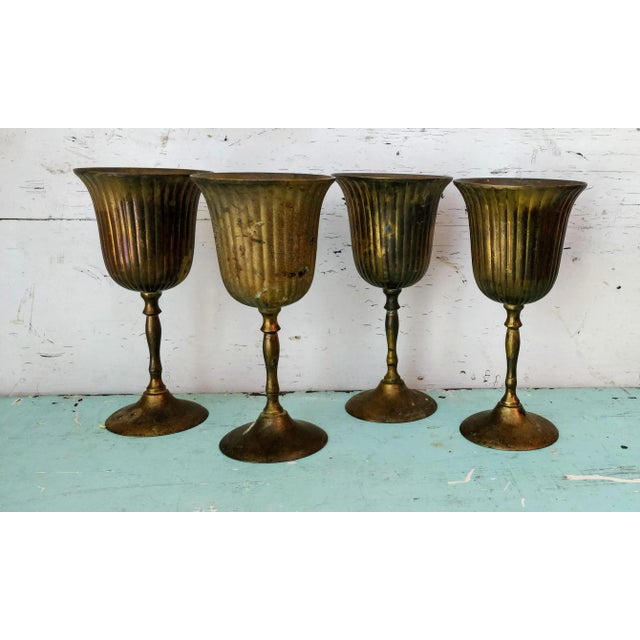 Vintage Brass Wine Goblets Set 4 For Sale - Image 4 of 12