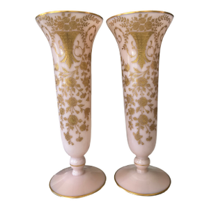 Vintage Opaque Pink & Gold Cambridge Glass Company "Crown Tuscan" Trumpet Vases - A Pair