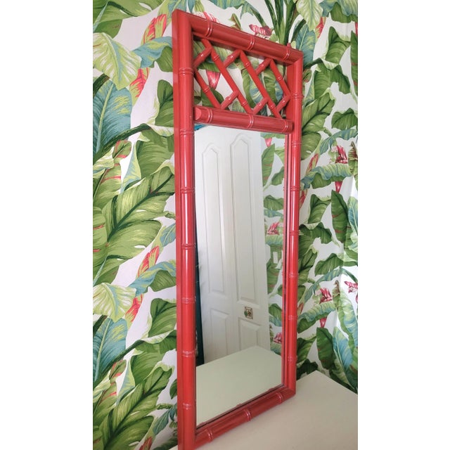 Wood Vintage Chinese Chippendale Palm Beach Regency Red Lacquered Tall Wall Mirrors - a Pair For Sale - Image 7 of 7