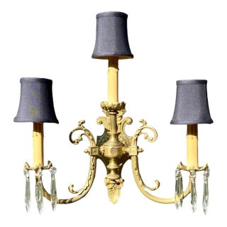 Antique French Gilt Bronze Three Light Sconce Black Silk Shades Crystal Prisms For Sale