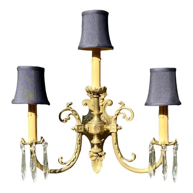 Antique French Gilt Bronze Three Light Sconce Black Silk Shades Crystal Prisms For Sale