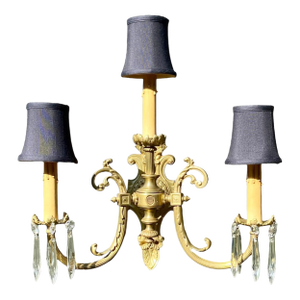 Antique French Gilt Bronze Three Light Sconce Black Silk Shades Crystal Prisms
