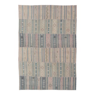 Large Vintage Paneled Kilim Flat-Weave in Blue, Pink, Taupe, Gray, Light Brown For Sale