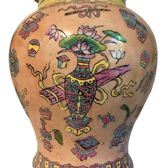 Large Vintage Famille Rose Coral Porcelain Chinese Ginger Jar For Sale - Image 4 of 7