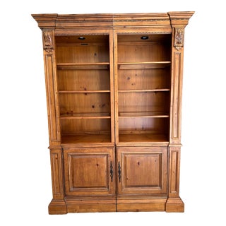 Ethan Allen Two-Piece Carved Pine With Glass Shelves Display/Bookcase With Lighting - Made in Usa For Sale