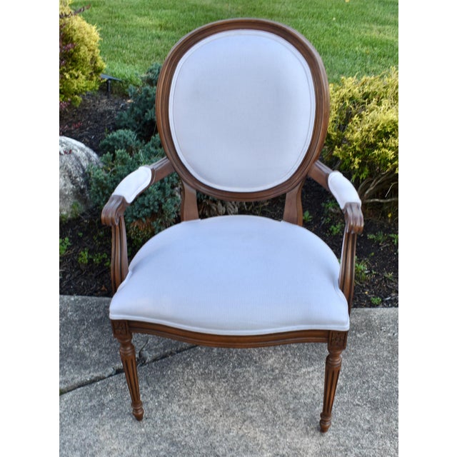 French Ethan Allen Francesca Louis XVI Oval Back Armchair Carved Wood French Accent Chair For Sale - Image 3 of 18