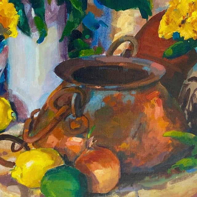 Mid-Century Modern Mid Century Original Oil Painting With Flowers, Fruit, Copper Pot. Bright and Large Canvas. For Sale - Image 3 of 10
