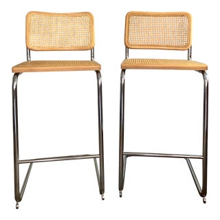 1980s Vintage Italian Marcel Breuer Inspired Cane and Chrome Cantilever Bar Chairs- a Pair For Sale