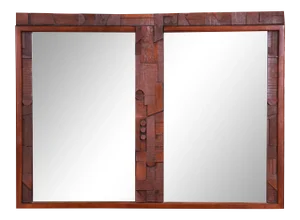 Paul Evans Style Lane Pueblo Brutalist Oak Framed Double Mirror, 1970s