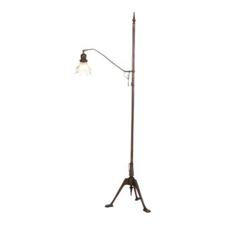 Antique Handel School Arts & Crafts Bronze Gooseneck Floor Lamp & Steuben Shade For Sale