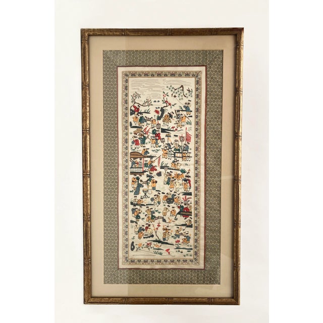 Antique Chinoiserie Silk Embroidered Panel, 100 Children Circa 1900 For Sale - Image 13 of 13