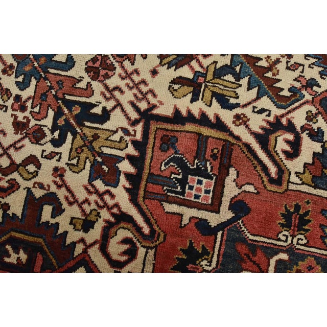 Heriz Rug 9′ X 10’5” Red Wool Vintage Tribal Hand-Knotted Oriental Carpet For Sale - Image 4 of 15