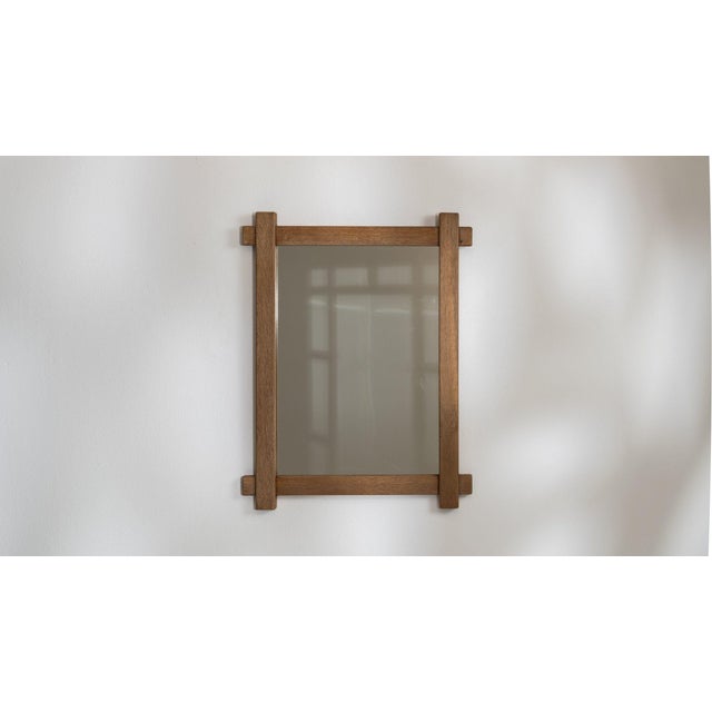 1970s 1970-1979 France Weathered Honey Oak Carved Oak Window-Pane Mirror For Sale - Image 5 of 7