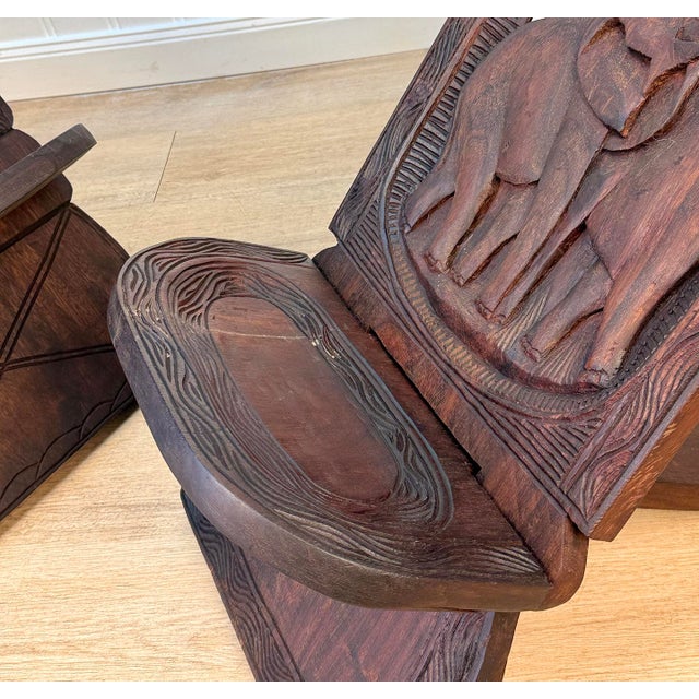 Vintage African Mahogany Elephant & Giraffe Carved Slipper Chairs - A Pair For Sale - Image 11 of 12
