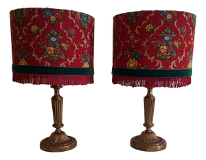 German Table Lamps with Ornate Brass Base and Red Patterned Fabric Shade from Lamplove, 1890s, Set of 2