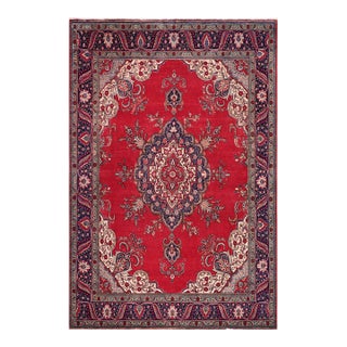 Retro Persian Tabriz Red/Blue Wool Rug - 9'10'' X 12'7'' For Sale