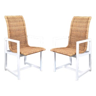 Pair of Danny Ho Fong Style Wood and Woven Rattan Arm Chairs For Sale