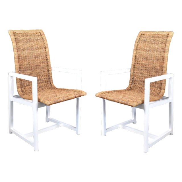 Pair of Danny Ho Fong Style Wood and Woven Rattan Arm Chairs For Sale