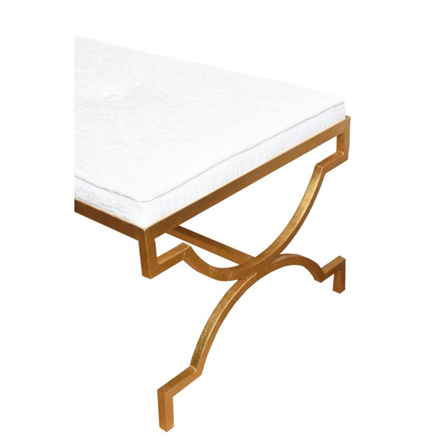 Mid-Century Modern Vintage 1940's Tommi Parzinger Gold Leaf Over Iron and White Velvet Upholstered Bench Restored For Sale - Image 3 of 7