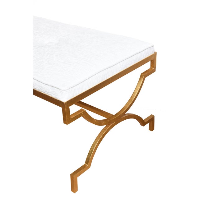 Mid-Century Modern Vintage Tommi Parzinger Restored Gold Leaf Over Iron and White Velvet Upholstered Bench For Sale - Image 3 of 7