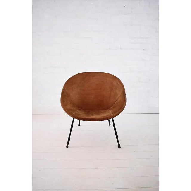 Rare vintage 1960s "Balloon" chair was designed in Hungary. It features a black metal frame with a brown suede leather...