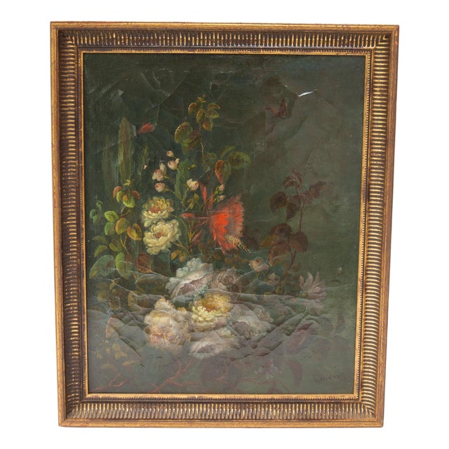 Gustave Marx, Still Life with Flower Bouquet on Dark Background, Oil on Canvas, Framed For Sale