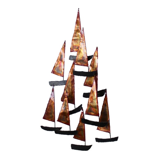 1980s C. Jere Style Large Brutalist Torch Cut Copper Steel Sailboat Flotilla Wall Decoration Sculpture For Sale