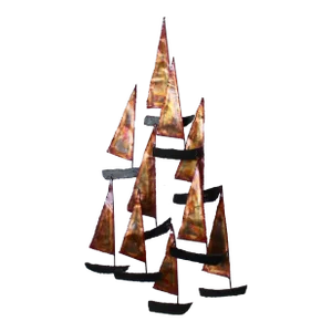 1980s C. Jere Style Large Brutalist Torch Cut Copper Steel Sailboat Flotilla Wall Decoration Sculpture