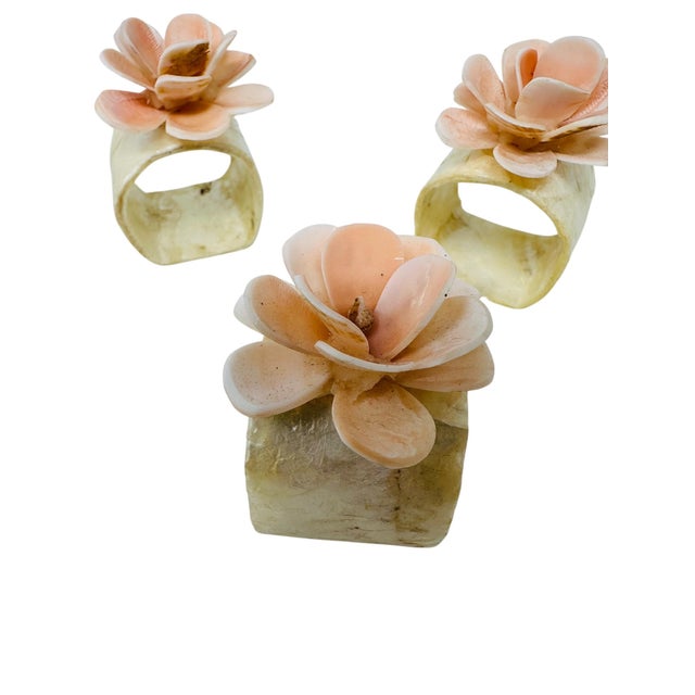 Beige Stunning Vintage Capiz Shell Flower Napkin Rings (Set of 6) For Sale - Image 8 of 13