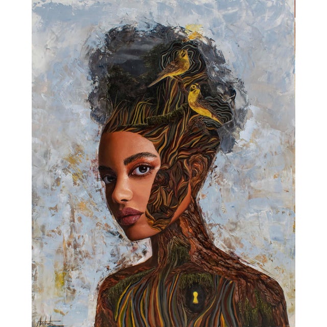 The Story Within by Andrada Trapnell | Oil on board portrait of a woman with nature elements. For Sale