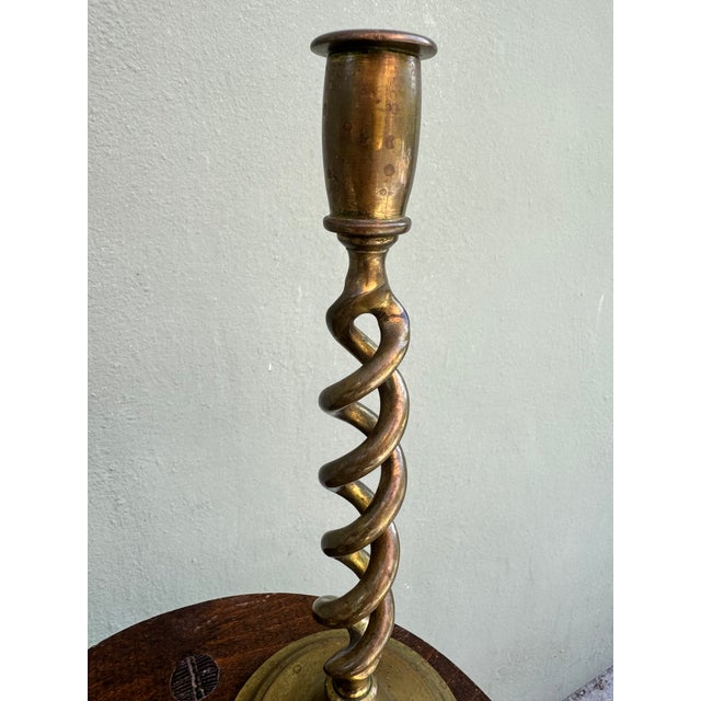 English Antique English Barley Twist Brass Candlesticks, a Pair — Georgian Hollywood Regency For Sale - Image 3 of 10