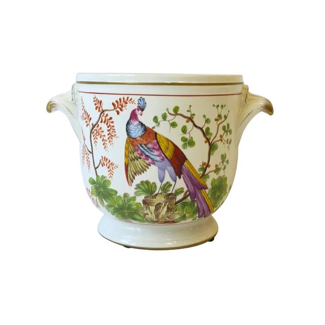 A beautiful Italian flower or plant potholder planter cachepot jardinière with pheasant bird by Mottahedeh, circa mid-20th...