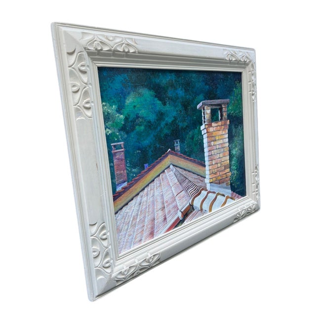 "Four Chimneys of Lugano" (Switzerland) by Florence Strauss, depicts a stylized rooftop scene, featuring terracotta tiles...