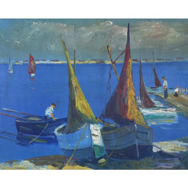 Mid-Century Modern Danish Mid Century Modern Harbor Seascape With Boats For Sale - Image 3 of 7