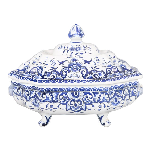 Antique French Rouen Faience Blue & White Tureen For Sale