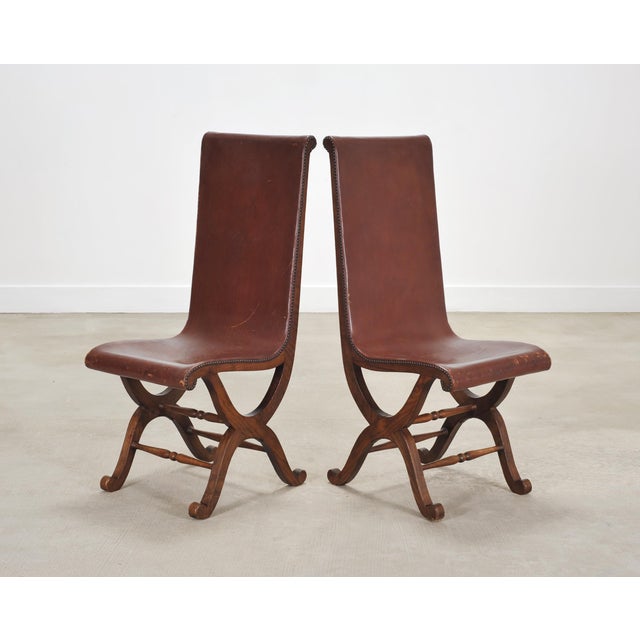 Early 20th Century Set of Eight French Provincial Leather Oak Curule Dining Chairs For Sale - Image 5 of 18