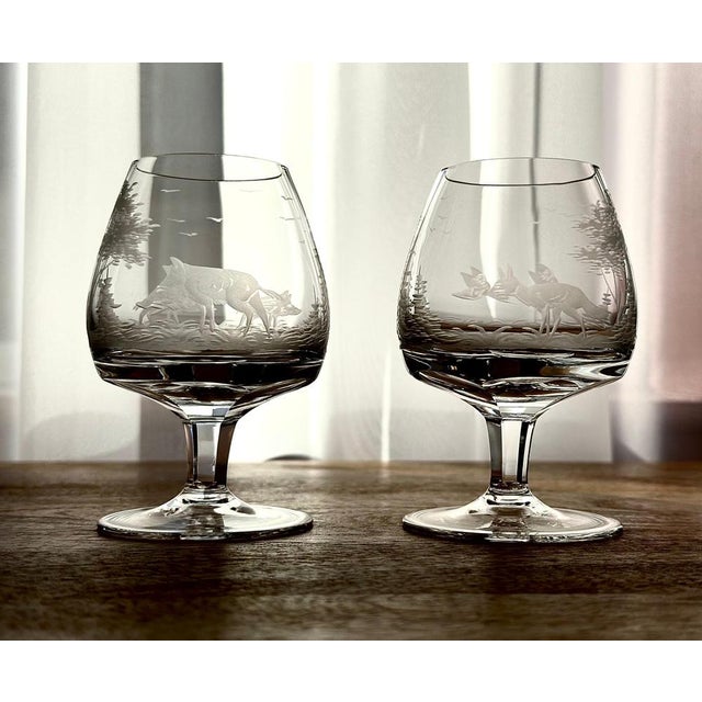 : This exquisite set of 7 Bohemian crystal brandy snifters, marked G.W., is likely from Gablonz or Wilhelm Glassworks,...