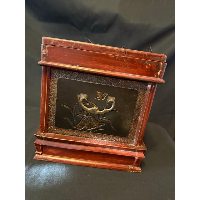 Vintage Chinese Red Lacquered Carved Wood Jewelry Box Vanity With Mirror For Sale - Image 9 of 10