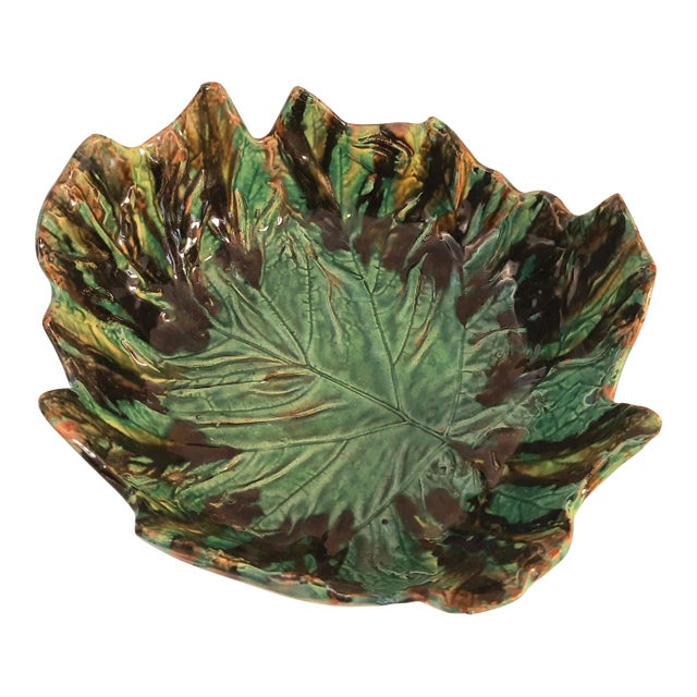 Vintage Majolica Cabbage Ware Leaf Bowl XL Deep Pottery Glazed For Sale