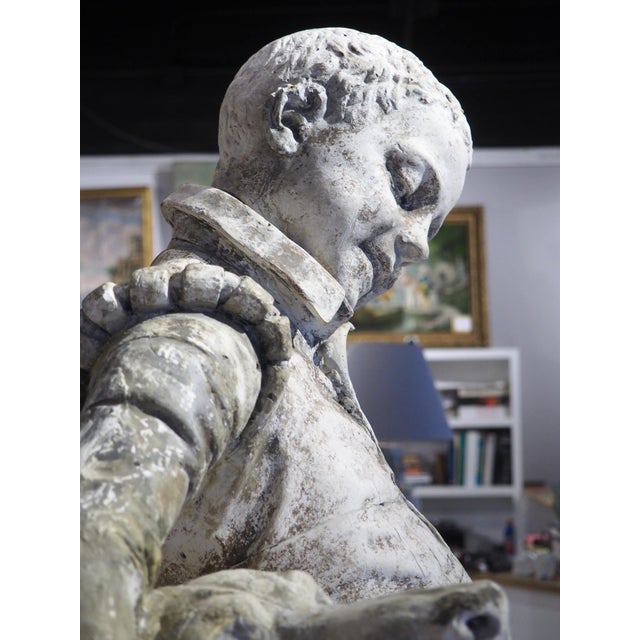 Signed Antique French Plaster Sculpture, a Renaissance Boy and His Dog, C. 1880 For Sale - Image 16 of 18